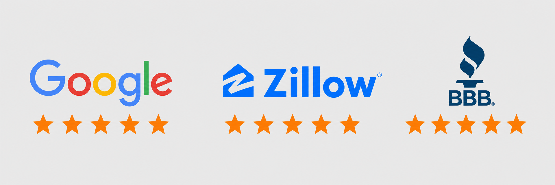 Review badges for Google, Zillow, and BBB A+